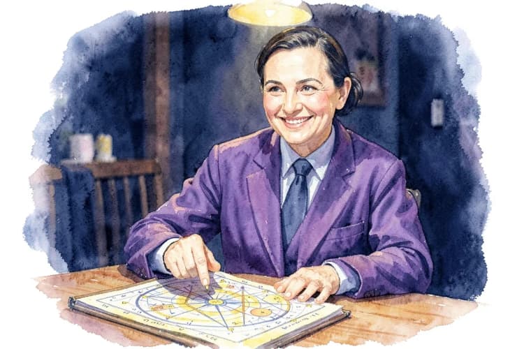 Astróloga sorrindo e apontando para um mapa astral em uma mesa