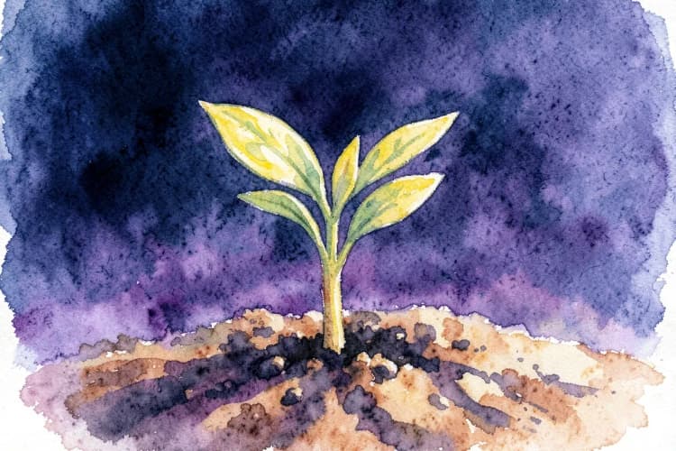Uma planta jovem brotando da terra, simbolizando o início de um ciclo de vida.