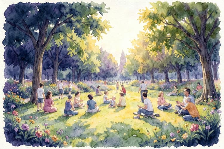 Um grupo diversificado de pessoas de diferentes idades interagindo em um parque, representando ciclos de vida em diferentes contextos.