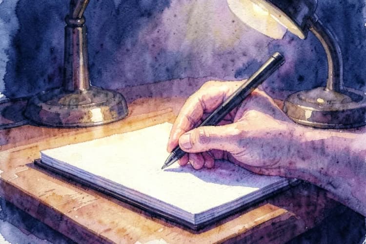 Uma mão escrevendo em um caderno fechado, representando a aplicação prática do conhecimento sobre ciclos de vida.