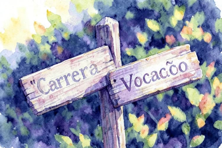 Duas setas de madeira em um poste, uma apontando para "Carreira" e outra para "Vocação", contra um fundo desfocado de natureza.