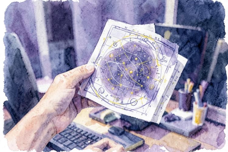 Mão segurando um mapa astral com símbolos astrológicos sobreposto a uma imagem de uma pessoa trabalhando em um escritório.