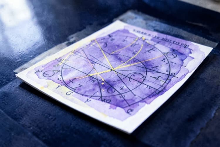 Close-up de um mapa astral com símbolos astrológicos e linhas de conexão.