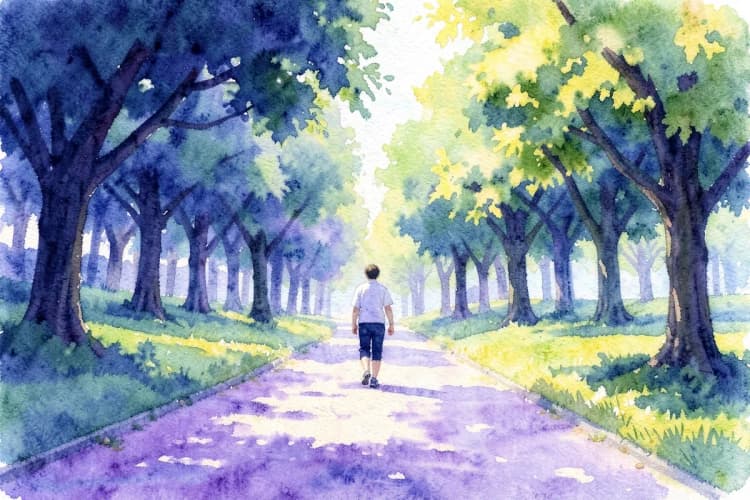 Pessoa caminhando em um parque ensolarado com árvores verdes e um caminho sinuoso