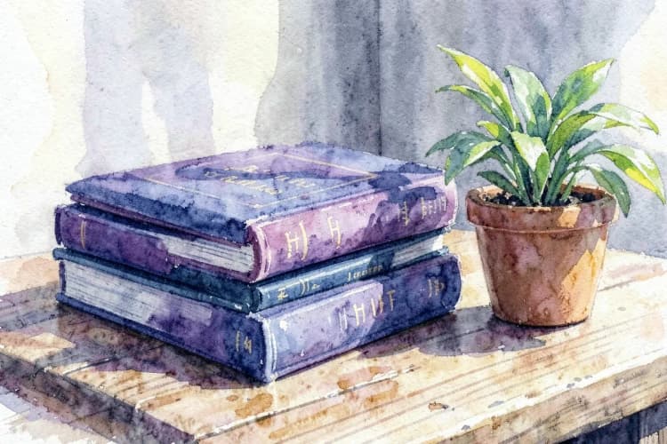 Pilha de livros sobre um tema de autoajuda em uma mesa com uma planta pequena ao lado