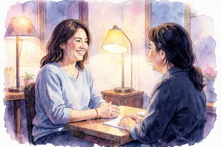Mulher sorrindo enquanto conversa com uma terapeuta em um consultório acolhedor