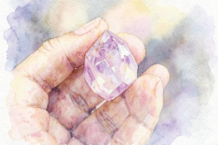 Close-up de uma mão segurando um pequeno cristal de quartzo rosa com um fundo desfocado