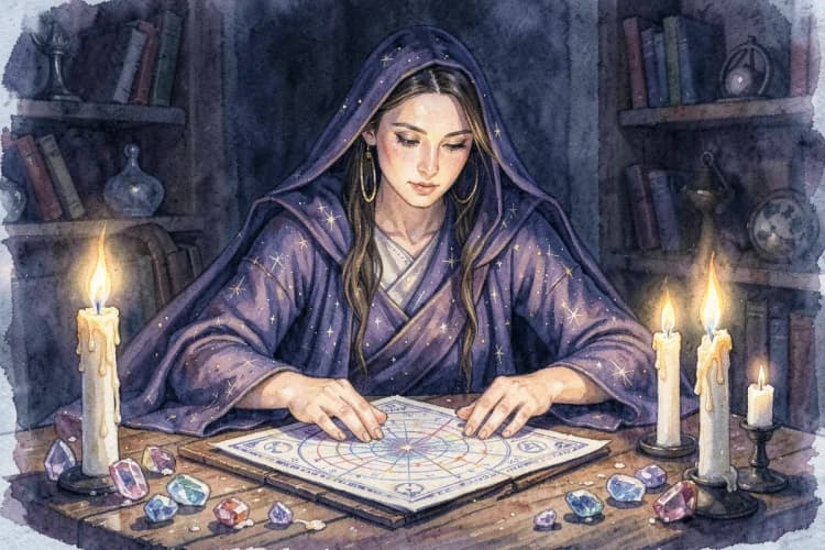 Mulher com vestes de astróloga olhando para um mapa astral em uma mesa com velas e cristais