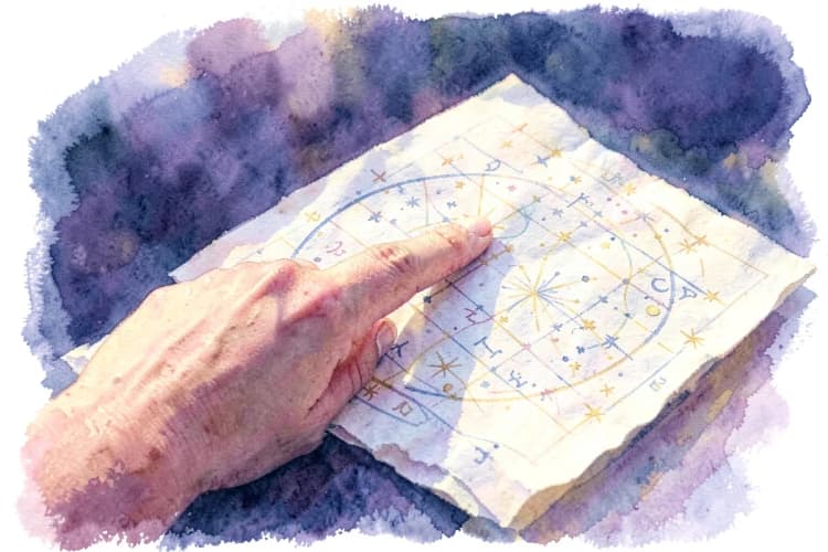 Um astrólogo apontando para um mapa astral em um papel com símbolos celestes