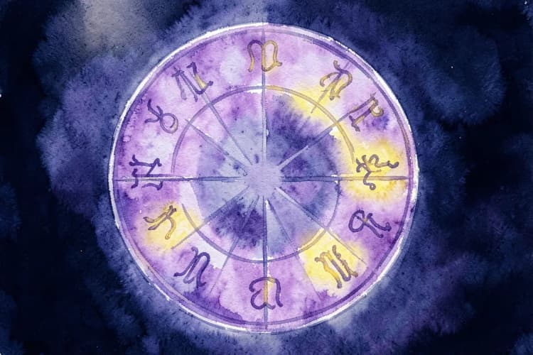 Um close-up de um mapa astral com os 12 signos do zodíaco dispostos em círculo