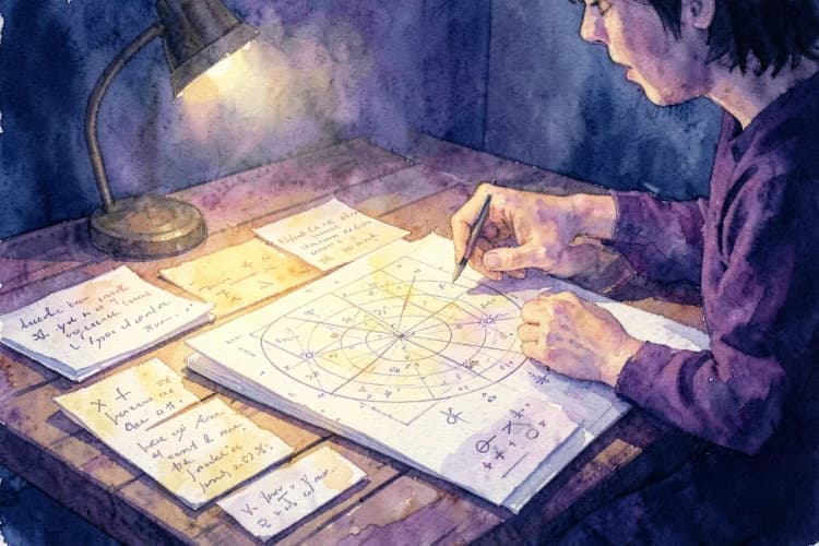 Uma pessoa estudando um mapa astral com anotações e símbolos em uma mesa
