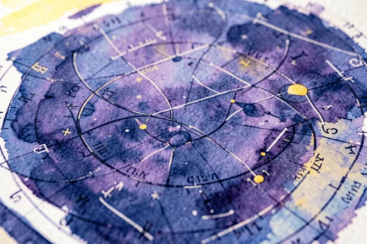 Um close-up de um mapa astral com planetas em diferentes casas e signos