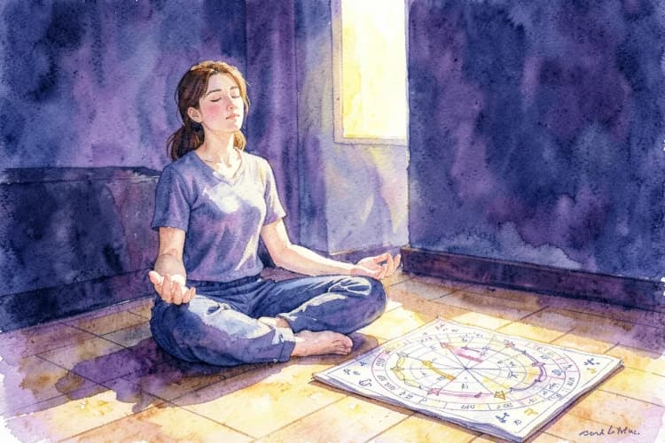 Uma pessoa meditando com um mapa astral aberto ao lado em uma sala iluminada pelo sol