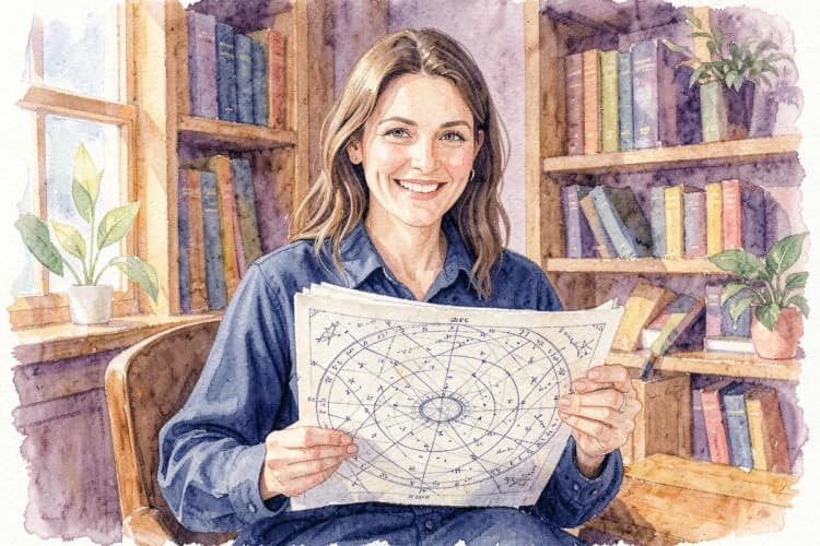 Uma astróloga sorrindo e segurando um mapa astral em um escritório aconchegante