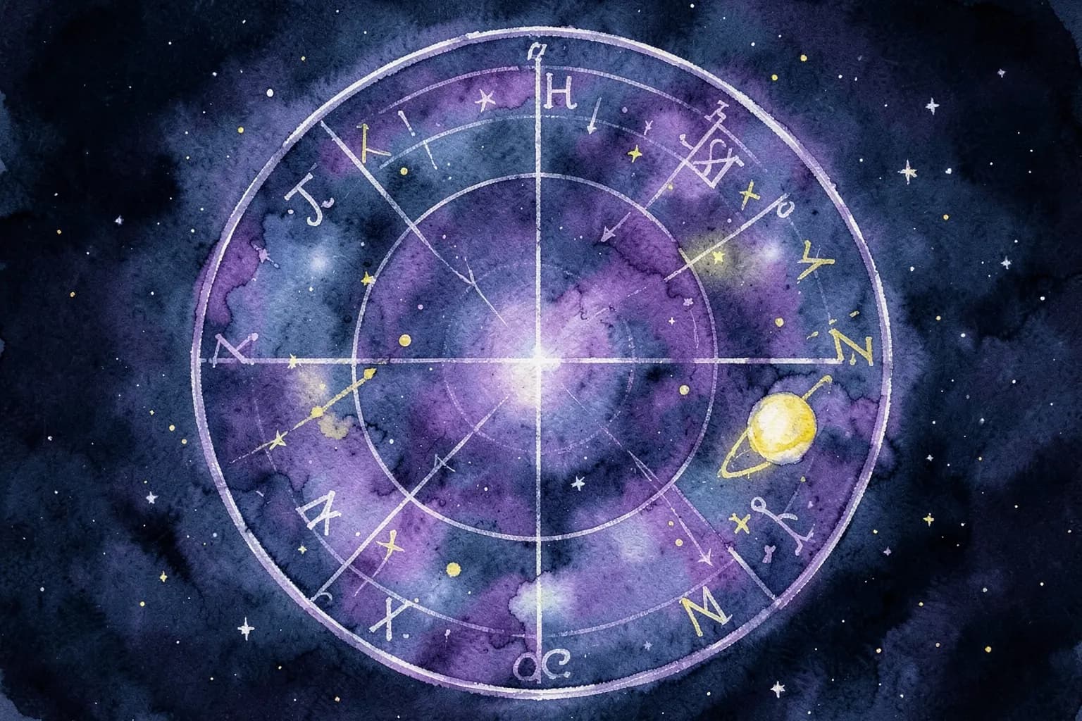 Um mapa astral com planetas e signos do zodíaco sobre um fundo escuro e estrelado