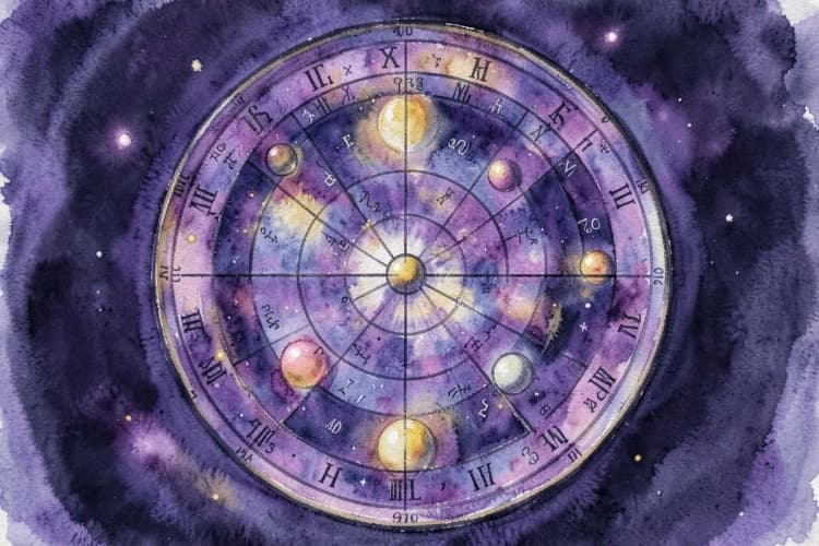 Uma representação visual de um mapa astral com planetas, signos e casas astrológicas dispostos em um círculo.