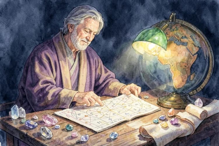 Uma astróloga experiente examinando um mapa astral em uma mesa, com um globo e cristais ao redor.