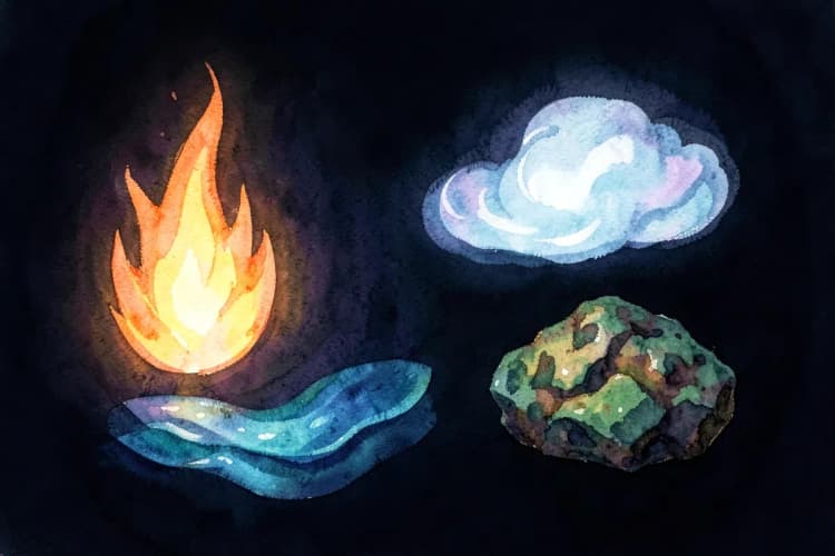Os quatro elementos (fogo, água, ar, terra) representados por símbolos e cores vibrantes em um fundo escuro.