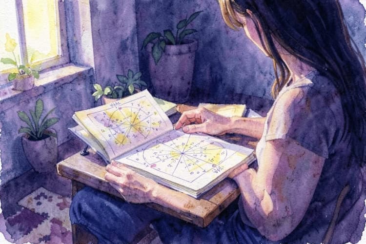 Uma pessoa refletindo sobre seu mapa astral em um ambiente tranquilo e natural, com o mapa aberto em uma mesa.