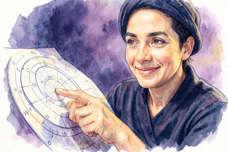 Uma astróloga sorrindo e apontando para um mapa astral, oferecendo orientação e conselhos.
