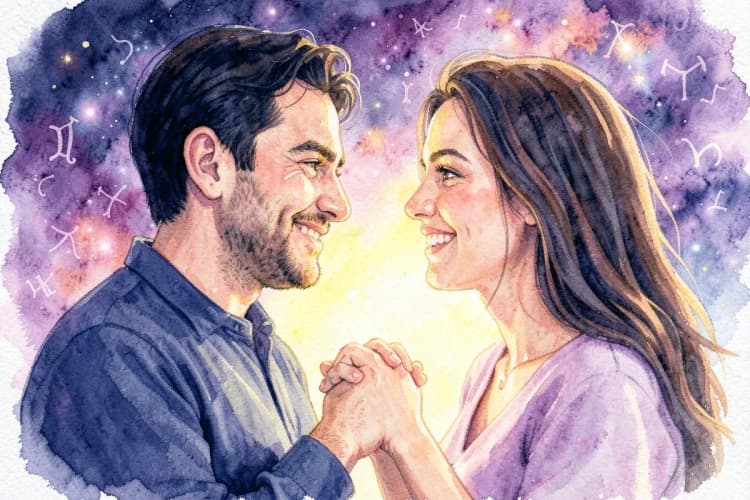 Um homem e uma mulher de mãos dadas, olhando um para o outro com sorrisos, com um fundo de céu com nebulosas coloridas e signos do zodíaco.