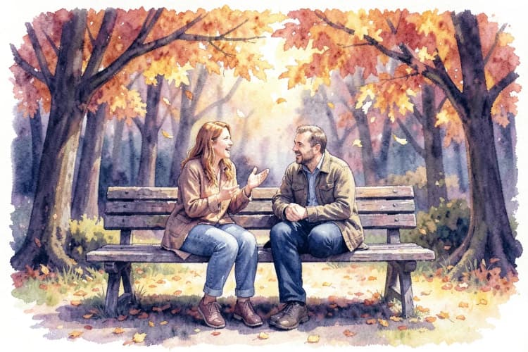 Um homem e uma mulher sentados em um banco de parque, conversando animadamente, com um fundo de árvores e folhas caindo, simbolizando a influência dos elementos.