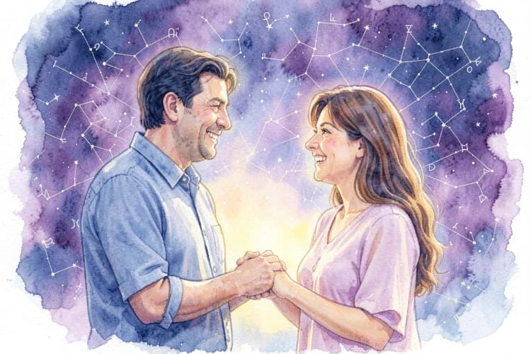 Um homem e uma mulher de mãos dadas, sorrindo um para o outro, com um fundo de um mapa estelar com os signos do zodíaco destacados.
