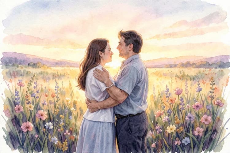 Um casal abraçado, olhando para o horizonte em um campo de flores silvestres ao pôr do sol, simbolizando o fortalecimento do relacionamento.