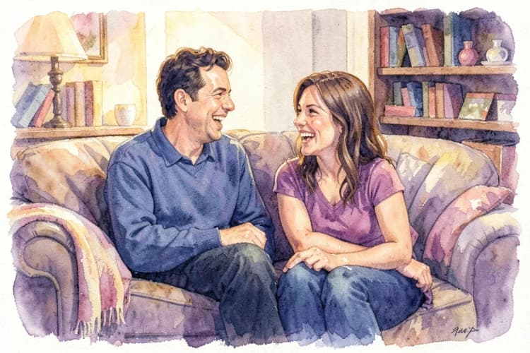 Um homem e uma mulher sentados lado a lado em um sofá, conversando e rindo, com um fundo de uma sala de estar aconchegante.