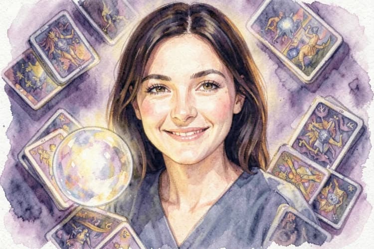 Uma mulher sorrindo, com um fundo de um oráculo de cartas de tarô e um globo de cristal.