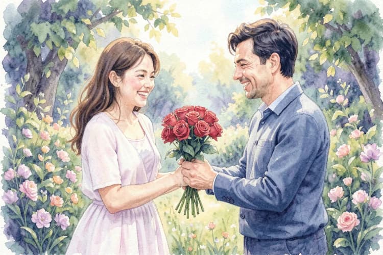 Uma mulher sorrindo enquanto recebe flores de um homem.