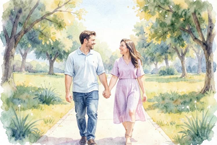Um casal de Leão, homem e mulher, de mãos dadas e sorrindo um para o outro.