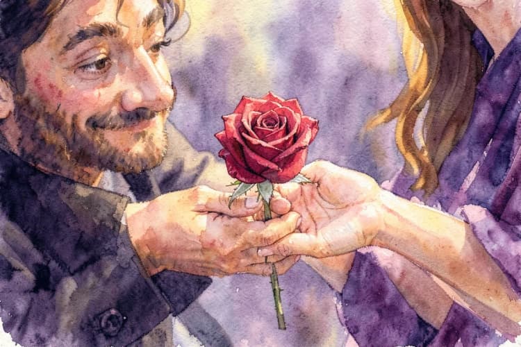 Um homem leonino charmoso oferecendo uma rosa para uma mulher.