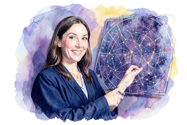Uma astróloga sorrindo, com um mapa astral ao fundo.