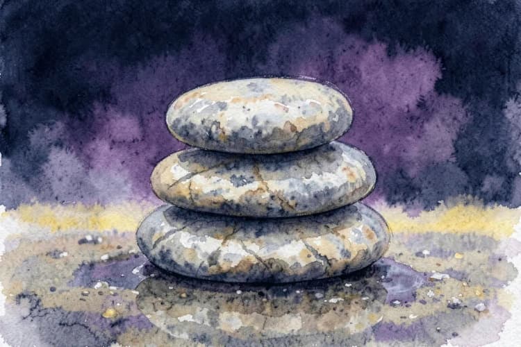 Uma pilha de pedras de diferentes tamanhos e cores, equilibradas umas sobre as outras em um ambiente sereno.