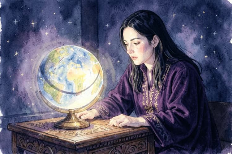 Uma astróloga com vestes escuras olhando para um globo celestial iluminado em uma sala com pouca luz.