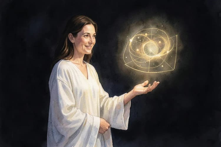 Uma mulher sorridente com vestes claras, gesticulando em direção a um gráfico de energia sutil e brilhante em um fundo escuro.
