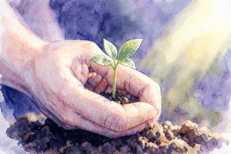 Uma mão segurando delicadamente um pequeno broto de planta que emerge da terra, com gotas de orvalho visíveis.
