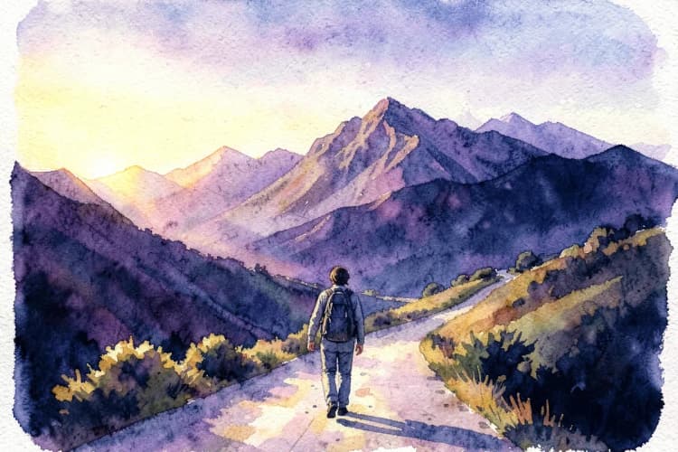 Uma pessoa caminhando em uma estrada de terra que leva a uma montanha ao pôr do sol, com uma mochila nas costas.