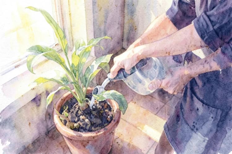 Uma pessoa regando uma planta em um vaso, com luz solar brilhante entrando pela janela.