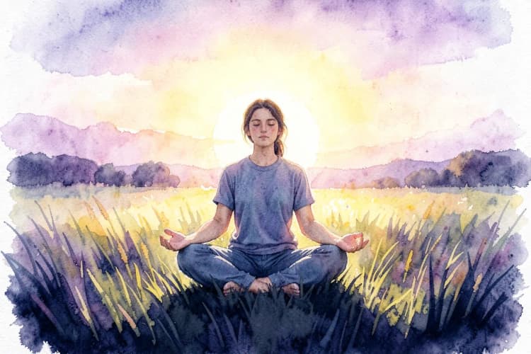Uma pessoa meditando sentada em posição de lótus em um campo gramado, com o sol nascendo ao fundo.