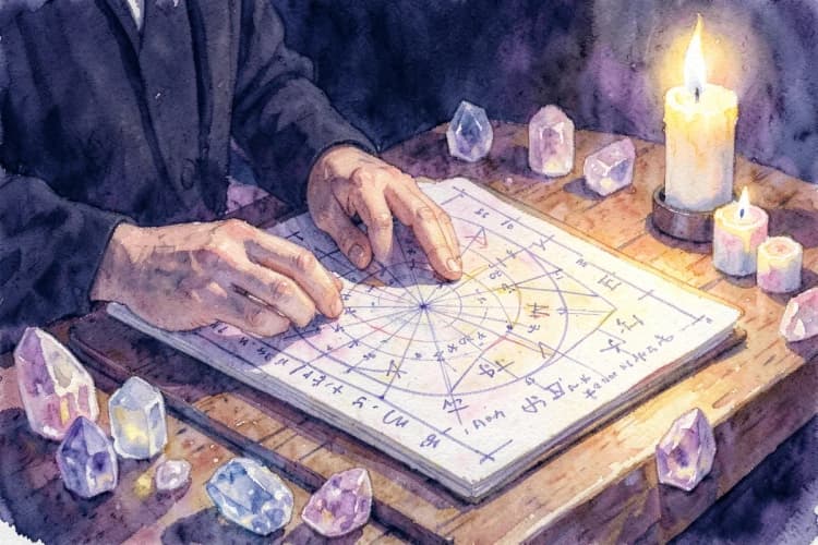 Uma astróloga examinando um mapa astral com símbolos e linhas, em uma mesa com cristais e velas.