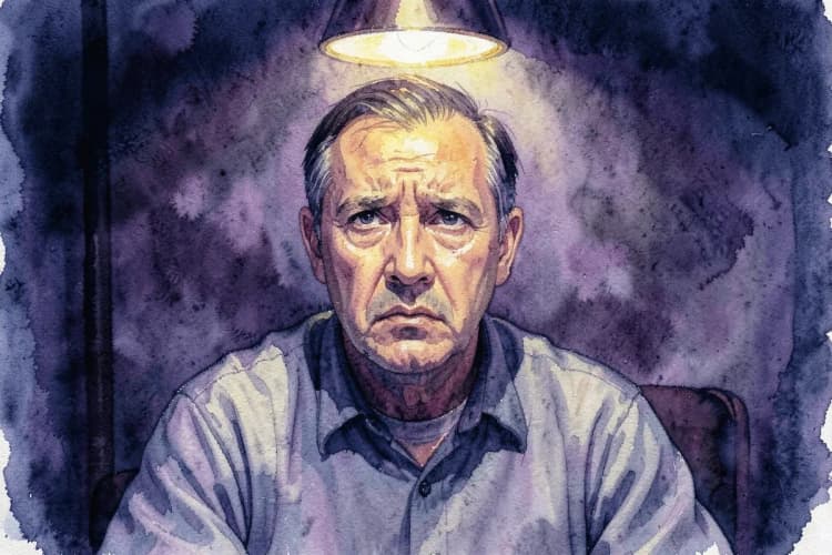 Um homem de meia-idade com expressão preocupada, sentado em uma sala escura com uma única lâmpada acesa acima dele, close-up, luz dramática de cima, momento de incerteza