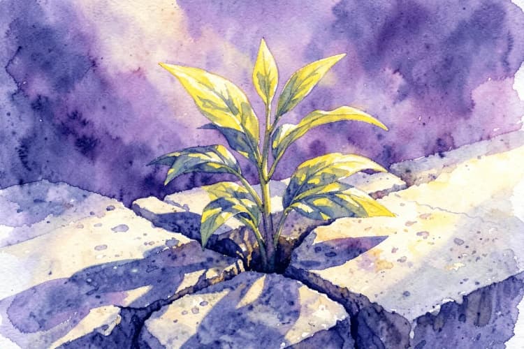 Uma planta crescendo através de rachaduras em concreto, detalhe, luz solar forte vinda de cima, momento de resiliência
