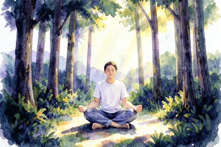 Uma pessoa meditando em um ambiente tranquilo e natural, com raios de sol filtrando pelas árvores, plano médio, luz solar suave, momento de paz