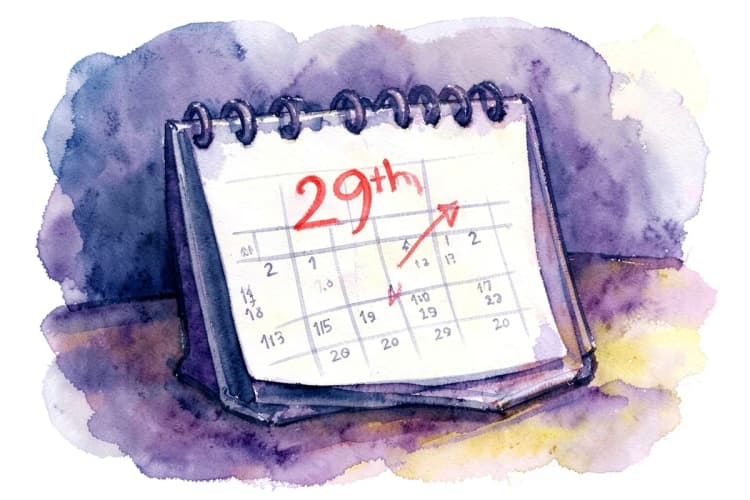 Um calendário com o dia 29 marcado em vermelho, com uma seta apontando para ele, detalhe, luz de escritório, momento de planejamento