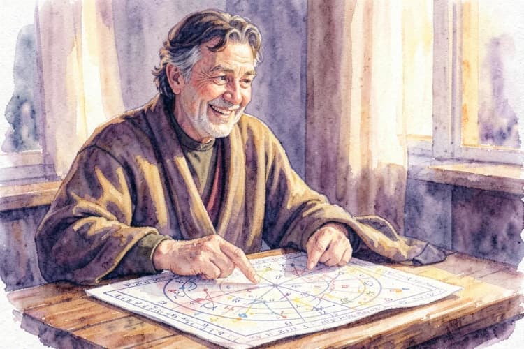Uma astróloga sorrindo e apontando para um mapa astral em uma mesa, plano médio, luz de escritório suave, momento de orientação