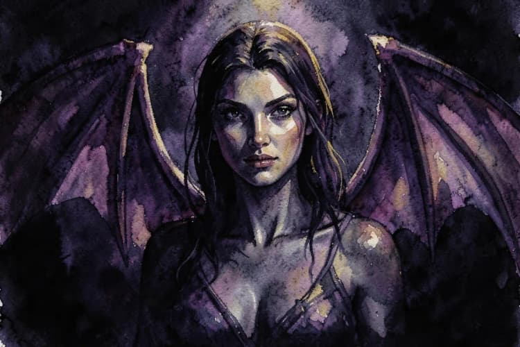 Representação artística de Lilith como uma figura sombria e poderosa com asas de morcego, emergindo da escuridão.