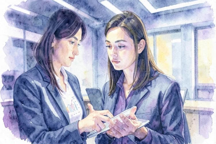 Mulher em um escritório moderno, olhando criticamente para um gráfico em um tablet, com uma expressão determinada.