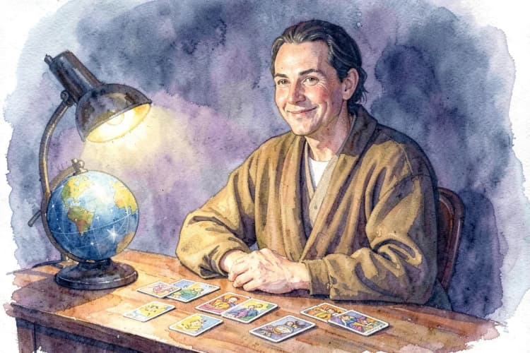 Astróloga sentada em uma mesa com um globo celestial e cartas de tarô, sorrindo gentilmente para a câmera.